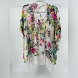 OP White Floral Fringe Hem Swim Cover-Up/Kimono Topper, Women's Medium